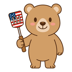 Cute brown bear holding spatula with american flag pattern for barbecue celebration. © SUBRATAKUMAR