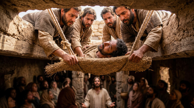 Four men lowering their paralyzed friend through a roof into a crowded house so that Jesus can heal him.