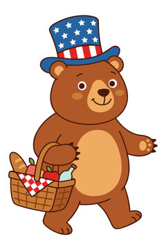 Happy bear wearing american flag top hat carrying picnic basket for summer celebration.