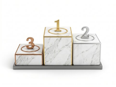 Victory Pedestal: A marble pedestal displays the top three positions, marked with gold, silver, and bronze medals, signifying first, second, and third place in a competition.