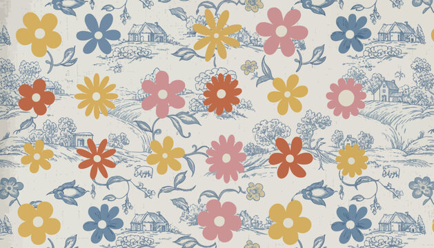 Floral ornament with toiles de jouy scenes vintage pattern design