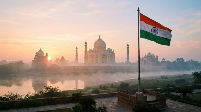 India independence day taj mahal with national flag at sunrise