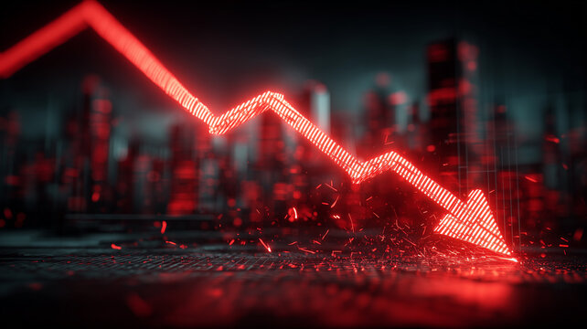 Downward financial arrow crashing into a city market scene, symbolizing economic decline, recession risk, business loss, and investment uncertainty.
