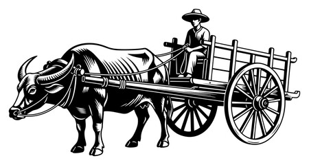 Water buffalo pulling a traditional wooden cart with a farmer in vintage woodcut style © Kumamoto