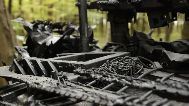 Assault car, Battle machine, Forest autumn. Autumn forest houses heavily modified black battle car, adorned with chains and aggressive designs.
