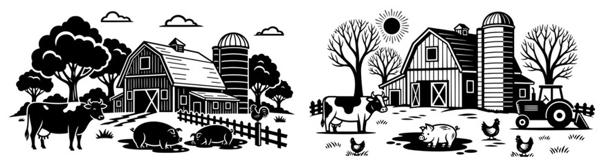Farm landscape with domestic animals and barn in vintage woodcut style © Kumamoto