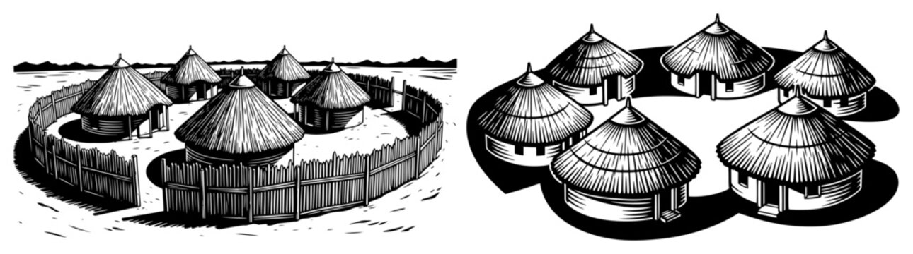 Traditional village huts with thatched roofs and wooden fence in vintage woodcut style