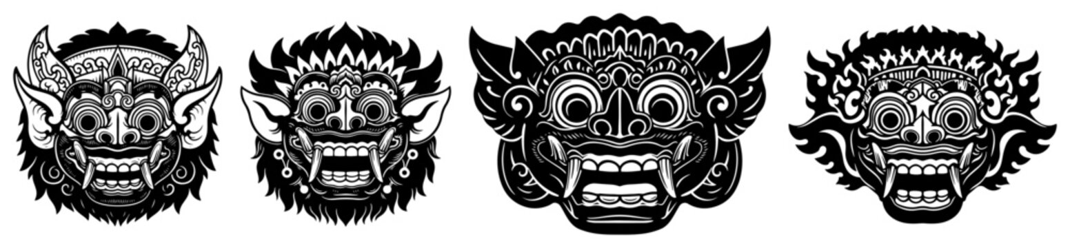 Traditional Balinese Barong mask faces in vintage woodcut engraving style