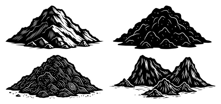 Mounds of soil or sand heaps in vintage woodcut engraving style