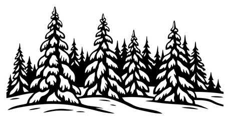 Winter forest landscape with snow covered pine trees in vintage woodcut style © Kumamoto