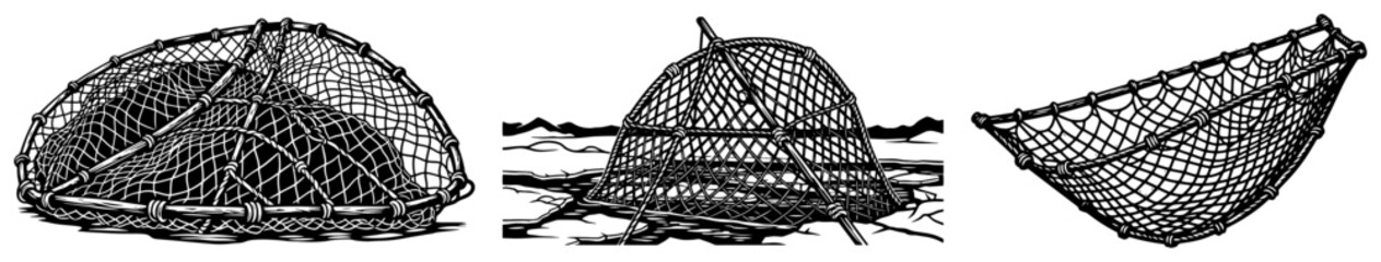 Fishing nets and traditional fish traps collection in vintage woodcut style © Kumamoto