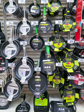 DENIA, SPAIN - Juny 18, 2026.Display of San Ignacio Sierra non stick grill pans and skillets for sale at a supermarket in Spain