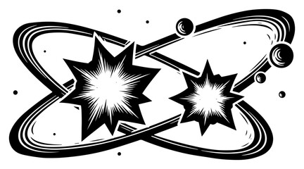 Cosmic explosion and stars colliding with planetary orbits in vintage woodcut style © Kumamoto