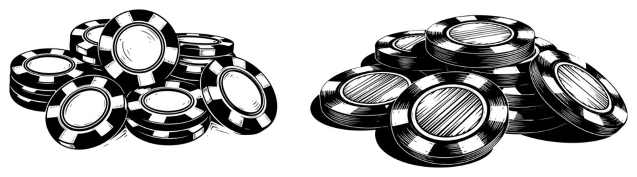 Stacks of casino poker chips for gambling in vintage woodcut style