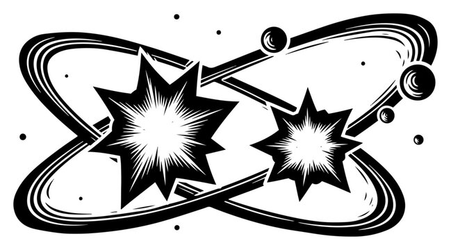 Cosmic explosion and stars colliding with planetary orbits in vintage woodcut style