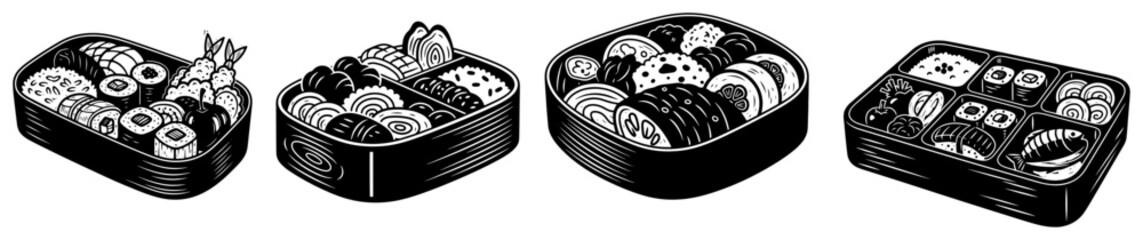 Bento boxes with sushi and assorted Japanese food in vintage woodcut style © Kumamoto