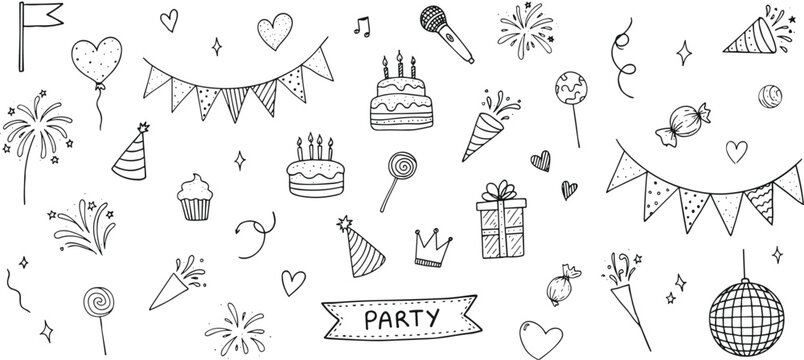 A collection of handdrawn doodle elements for birthday celebrations including cakes balloons fireworks party hats confetti gifts and a disco ball