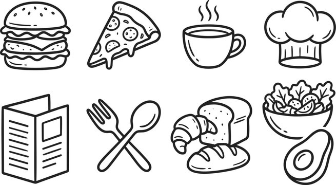 A collection of handdrawn food and beverage icons including a burger pizza slice coffee cup chefs hat menu cutlery bread and salad
