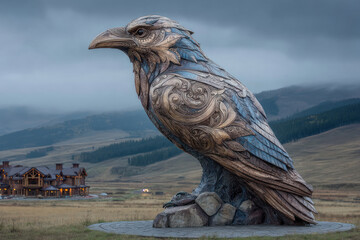 Obraz premium Decorative Raven Sculpture with Ornamental Details in Mountain Landscape