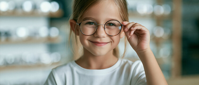 Portrait of a cute smiling little girl adjusting her eyeglasses in an optical store. Pediatric eye care, vision health concept. Wide panoramic banner with copy space.