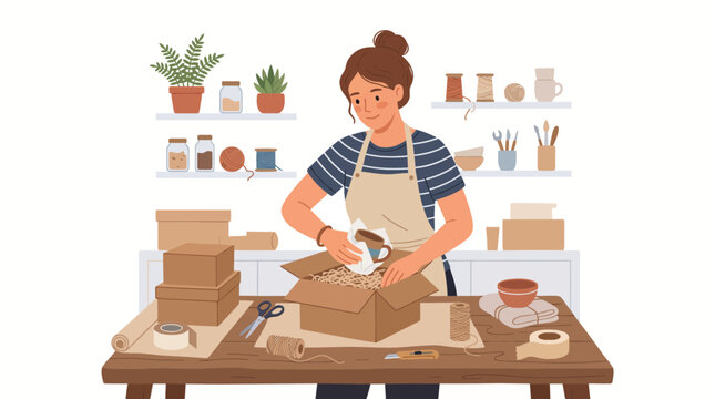 Woman packing a ceramic mug into a cardboard box for shipping