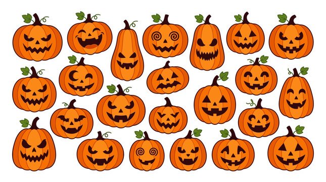 Collection of Halloween Jack O Lanterns with various spooky and funny faces