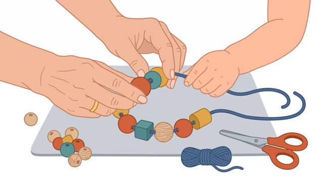 Adult and child hands stringing colorful wooden beads together for a craft project