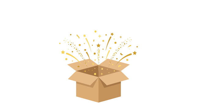 Open cardboard box with golden confetti and stars exploding outwards