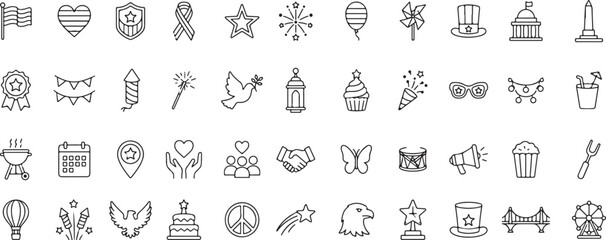 Naklejka premium Independence Day Outline Icons Set – Modern Black Line Patriotic Symbol Collection, Editable Vector UI UX Icon Pack Isolated on White Background