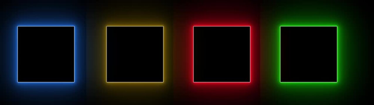 Gradient neon square frames set. Glowing borders isolated on a dark background. Colorful night banner, vector light effect.Motion graphics of rectangle frame