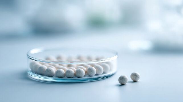 White spherical tablets in glass petri dish