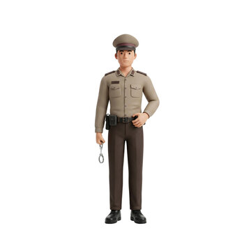 Indonesian police officer 3D character illustration standing with handcuffs