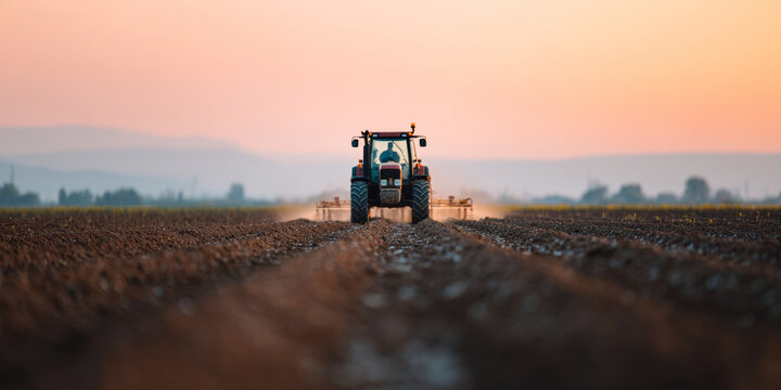 Tractor plowing field at sunset