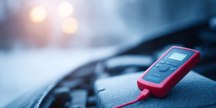 Digital multimeter on car engine surface