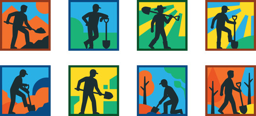 Agriculture farmer silhouette vector badge set featuring worker digging with spade shovel in field on isolated background. © Honey Qween!