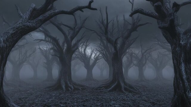 Spooky Dark Foggy Forest with Dead Trees 4K Generative AI