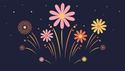 Fototapeta premium Floral ornament with stylized fireworks and scattered stars on a dark background