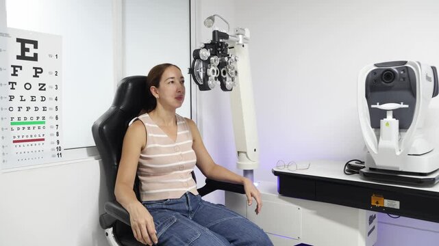 Woman waiting for an eye examination at an optometry clinic