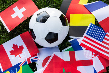 Naklejka premium classic fsoccer ball on world flags in grass
