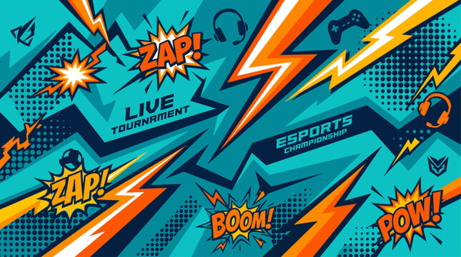 Vibrant esports graphic illustration with dynamic comic effects and live streaming elements