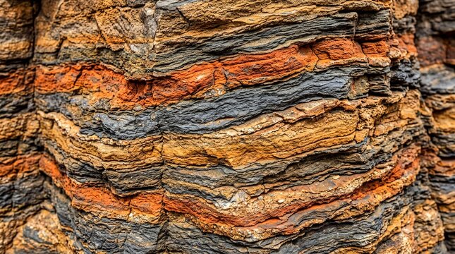 geological textures, close-up of sedimentary rock with vivid rust, slate gray, and ochre layers