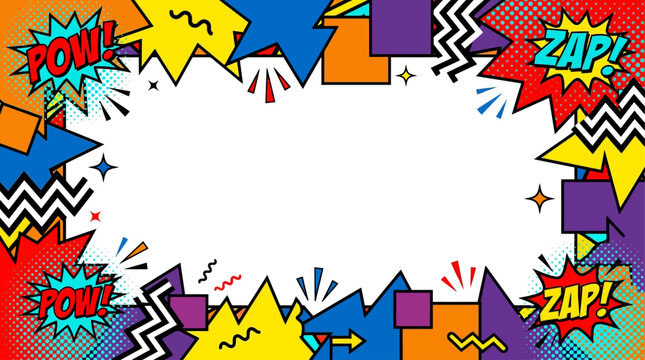 Vibrant comic book style border with dynamic graphics and text effects surrounds empty space for creative expression.