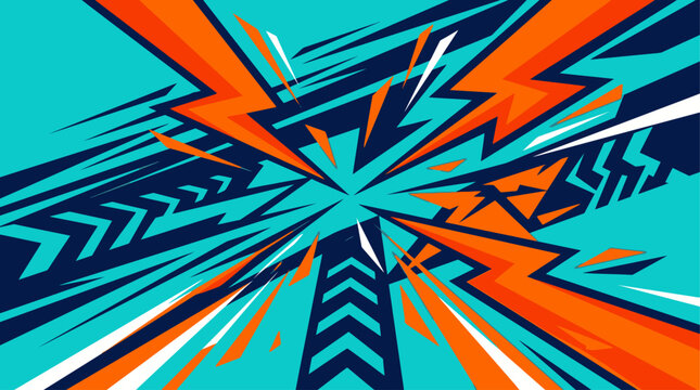 Vibrant abstract illustration bursts with dynamic orange and blue shapes.