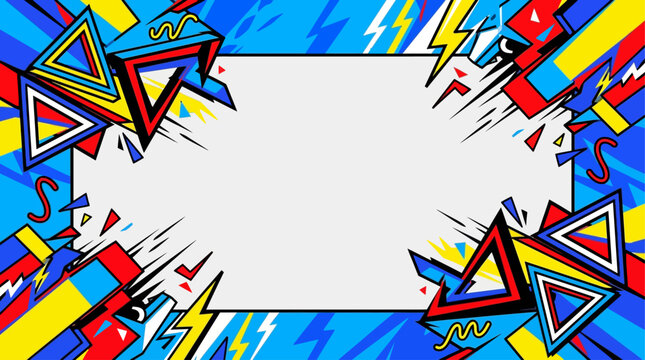 Vibrant comic book-style border with colorful triangles and lightning bolts surrounds empty white space for text