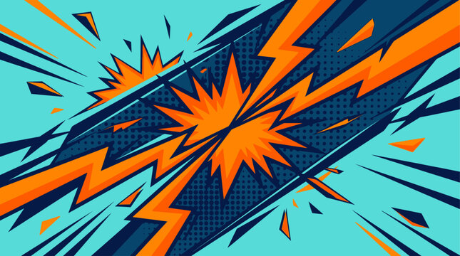 Vibrant orange and blue comic book-style explosion occurs in graphic design