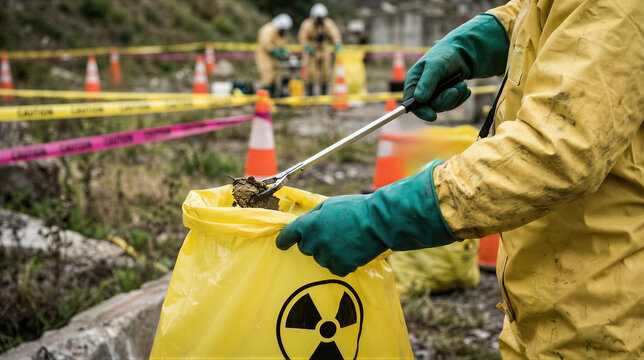 Worker in protective suit collecting radioactive soil into yellow trash bag. Hazard site cleanup in zone of radiation contamination. Ecological disaster management and decontamination process.