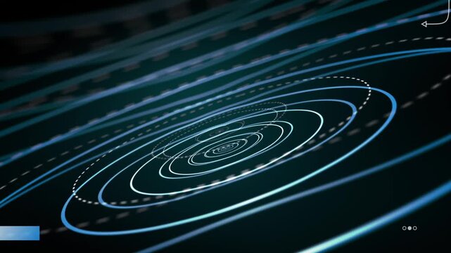 Futuristic digital radar rings abstract motion graphic background, rotating concentric circles and dotted tracks on dark tech grid, sci fi interface hud loop animation for high tech video presentation