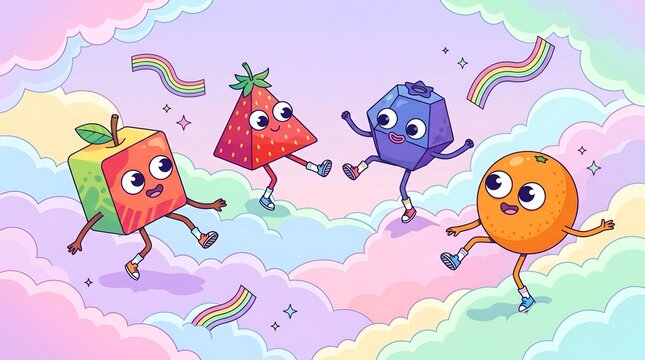 Cute geometric fruit characters dancing in the clouds