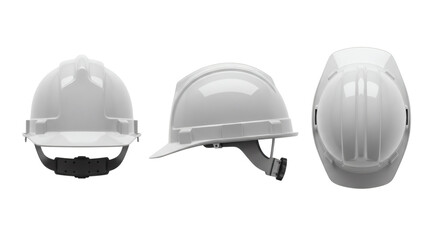 Fototapeta premium Three views including front side and top perspectives of a clean white industrial safety hard hat featuring adjustable suspension system&nbsp;
