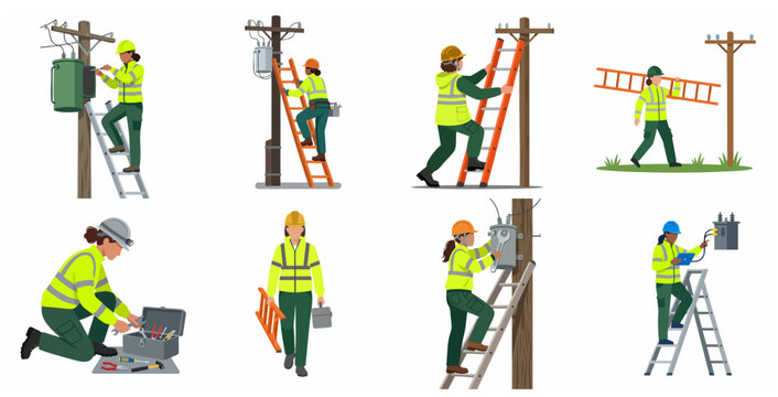 Set of diverse female electricians and lineworkers repairing utility poles and power lines